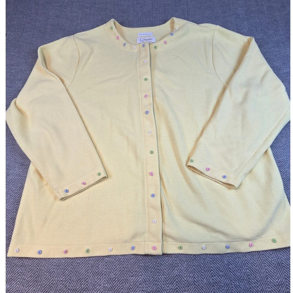 CJ Banks Yellow Hand Embroidered Button Front Ribbed Cardigan Sweater 2X